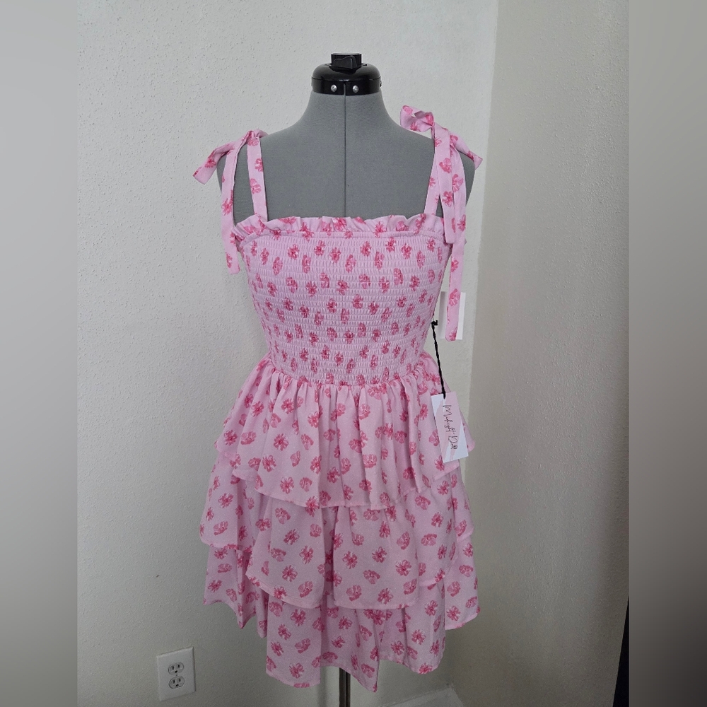 Midnight Doll Wool Dobby Print Square Neck Tie Strap Tiered  Dress